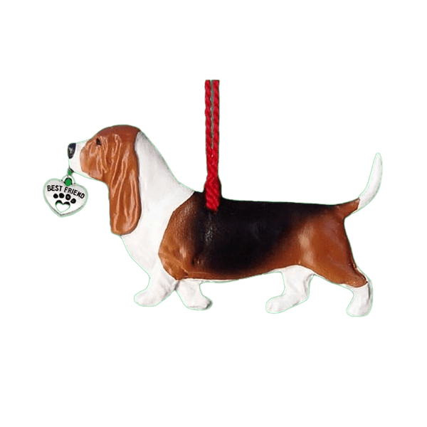 Fun Hand-Crafted Basset Hound Dog Christmas Ornaments made from durable break-resistant resin, hand-painted for a realistic look. Many Dog Breed Ornaments are represented in various breed color patterns to uniquely decorate your tree or a stand for year long use. Order Dog Ornaments customized to match your Own Best Friend's colors and markings. Heart charm included plus others from which to choose. Yuletide Decorations for the season.