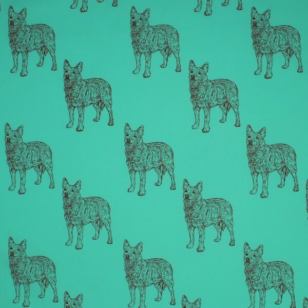 Australian Cattledog Dog Fabric, Dog is standing on green all cotton background fabric