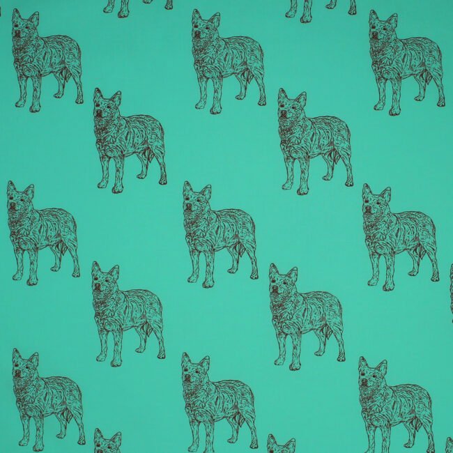 Australian Cattledog Dog Fabric, Dog is standing on green all cotton background fabric