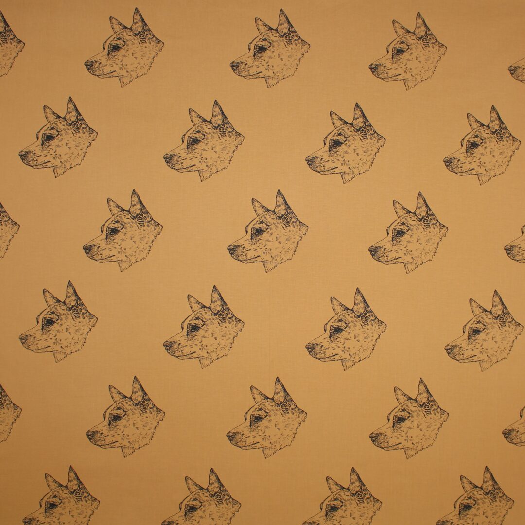 Australian Cattledog print fabric on tan background all cotton fabric