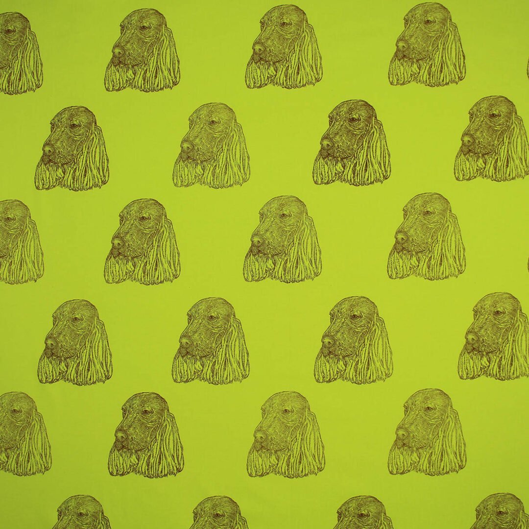 Field Spaniel Fabric, brown dogs with lime green all cotton background