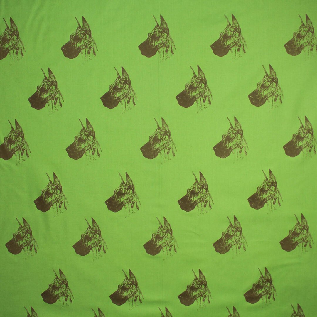 Great Dane Fabric-Cropped ears and brindle coat pattern,. All Cotton Green color fabric
