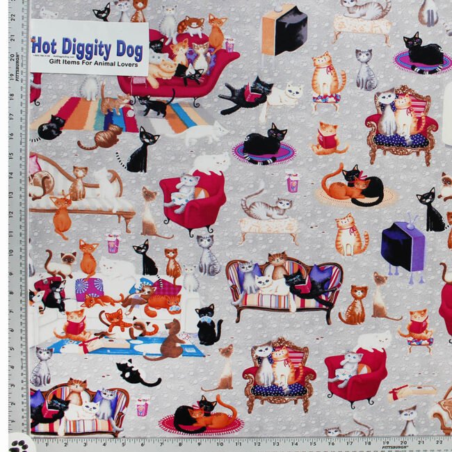 Kittens Party Fabric and Cats Luxurious Party Novelty Fabric All Cotton, Grey background
