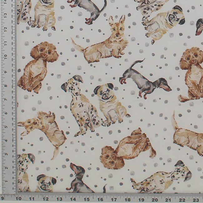 Many Dog Breed Images printed in natural colors onto all cotton white background fabric with scattered light grey dots