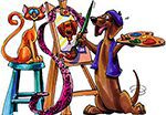 Hot Diggity Dog Logo, funny Illustration of a brown dog with a purple vest and hat acting as if the dog is painting painting a Cat, a nearby subject sitting on a turquoise tall stool, but the dog is actually painting a self portrait on the easle and drawing paper