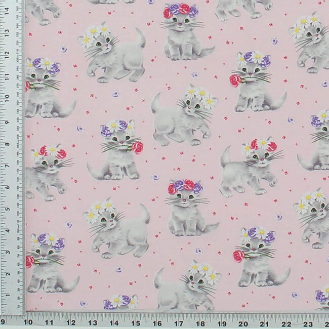 Pink Background with grey Furry Princess kittens with colorful flower tiaras of hot pink, yellows and lilac. Hot Pink and Lilac extra small paw prints in background