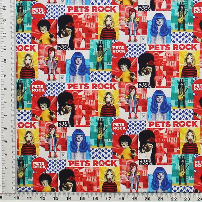 Dogs and Cats in all over print whimsically pictured with whimsical dressed in brightly colored Rock Band clothing