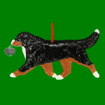 Hand-painted break-resistant acrylic resin dog Christmas ornament featuring a full-body Bernese-Mountain-Dog in a gaiting pose, designed to hang on a tree or stand for display.