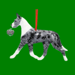 Hand-painted break-resistant acrylic resin dog Christmas ornament featuring a full-body Cropped Great-Dane-Blue-Merle Dog in a gaiting pose, designed to hang on a tree or stand for display.
