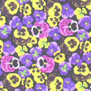 100% cotton tossed novelty fabric featuring purple pansy designs, shown with rulers to display pattern scale and orientation.