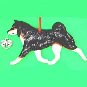 Hand-painted break-resistant acrylic resin dog Christmas ornament featuring a full-body Shiba-Inu Dog in a gaiting pose, designed to hang on a tree or stand for display.
