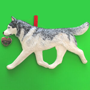 Hand-painted break-resistant acrylic resin dog Christmas ornament featuring a full-body Siberian-Husky Dog in a gaiting pose, designed to hang on a tree or stand for display.