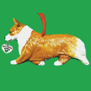 Hand-painted break-resistant acrylic resin dog Christmas ornament featuring a full-body Corgi-Welsh-Pembroke-red & White-Dog in a gaiting pose, designed to hang on a tree or stand for display.