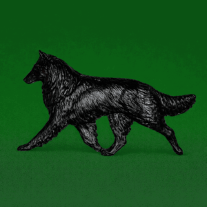 Hand-painted break-resistant acrylic resin dog magnet featuring a full-body Belgian Sheepdog in a gaiting pose, designed to attach to metal surfaces.
