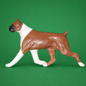 Hand-painted break-resistant acrylic resin dog magnet featuring a full-body Boxer Cropped Fawn-White in a gaiting pose, designed to attach to metal surfaces.
