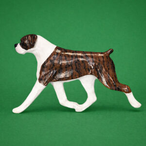 Hand-painted break-resistant acrylic resin dog magnet featuring a full-body Boxer-Uncropped-Brindle-and-White in a gaiting pose, designed to attach to metal surfaces.