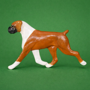 Hand-painted break-resistant acrylic resin dog magnet featuring a full-body Boxer Uncropped Fawn-White in a gaiting pose, designed to attach to metal surfaces.