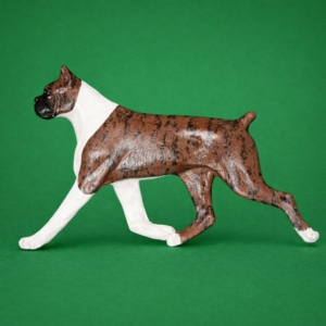 Hand-painted break-resistant acrylic resin dog magnet featuring a full-body Boxer-Cropped-Brindle-and-White in a gaiting pose, designed to attach to metal surfaces.