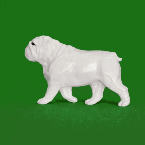 Hand-painted break-resistant acrylic resin dog magnet featuring a full-body Bulldog white in a gaiting pose, designed to attach to metal surfaces.