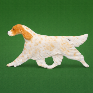 Hand-painted break-resistant acrylic resin dog magnet featuring a full-body English-Setter-Orange-Belton in a gaiting pose, designed to attach to metal surfaces.