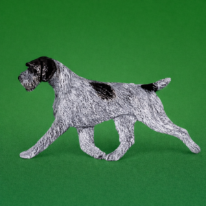 Hand-painted break-resistant acrylic resin dog magnet featuring a full-body German-Wirehaired-Pointer in a gaiting pose, designed to attach to metal surfaces.