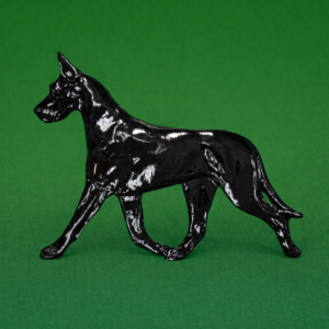 Hand-painted break-resistant acrylic resin dog magnet featuring a full-body Cropped Great-Dane-Black n a gaiting pose, designed to attach to metal surfaces.