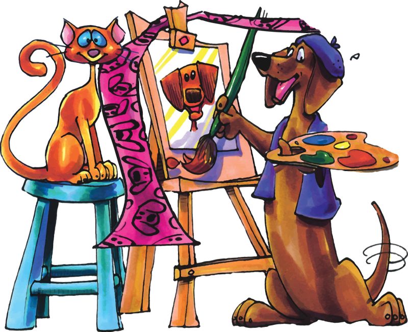 Cute dog with easel and canvas illustration. The dog's subject to paint is a cat sitting on a turquoise tall stool. But instead of painting the cat, the dog is painting himself.